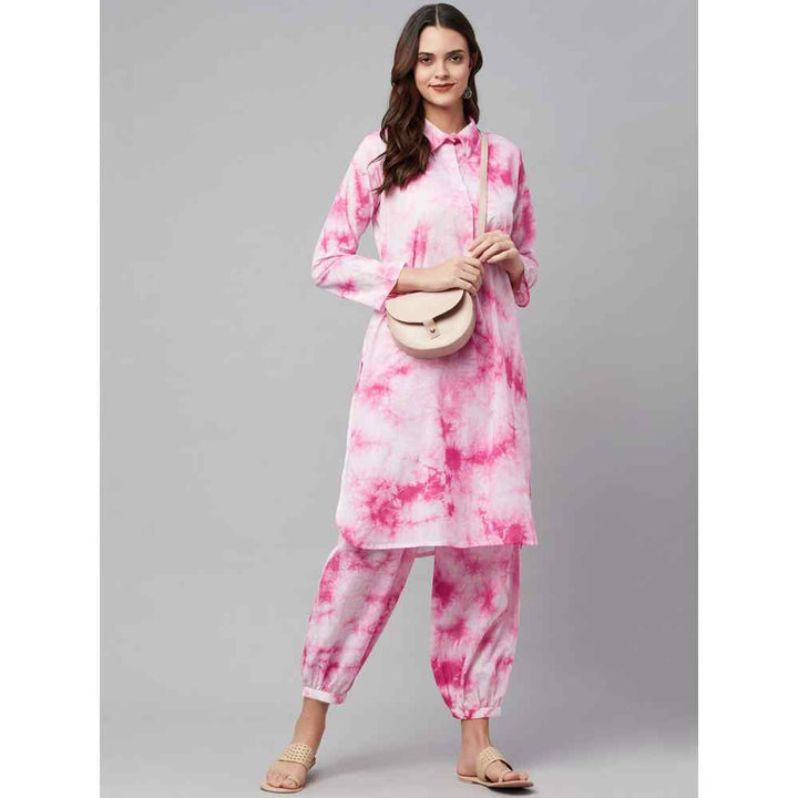 Divena Pink & White Cotton Shirt Style Kurta with Hem Cuffed Pants (Set of 2)