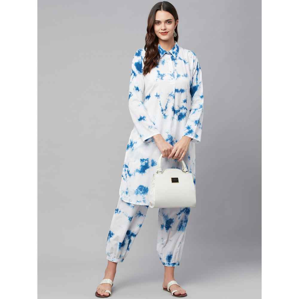 Divena White & Blue Cotton Shirt Style Kurta with Hem Cuffed Pants (Set of 2)