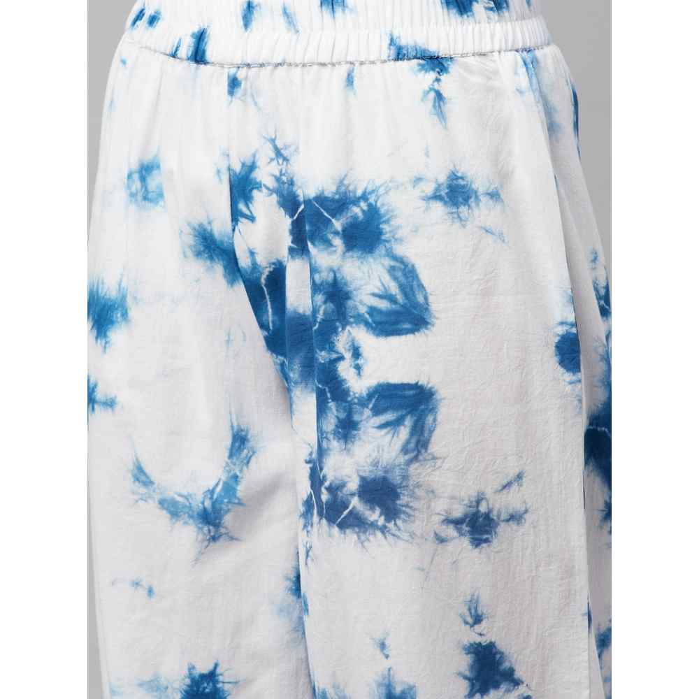 Divena White & Blue Cotton Shirt Style Kurta with Hem Cuffed Pants (Set of 2)