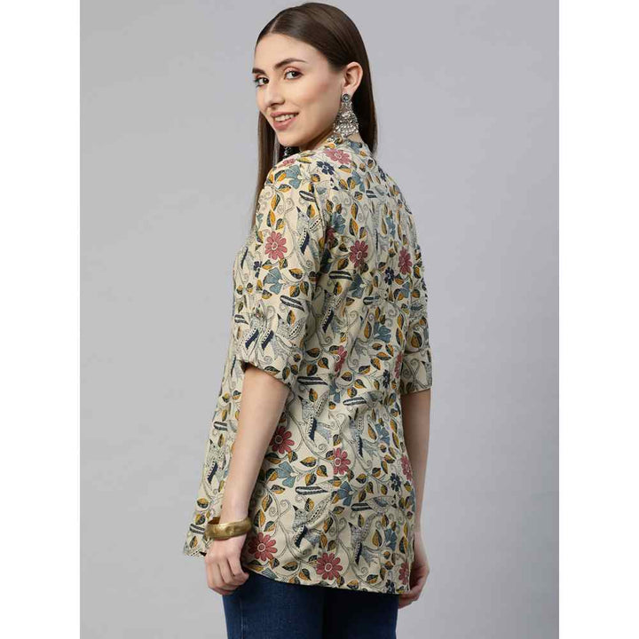Divena Beige & Multi Floral Rayon A-Line Shirt Style Top