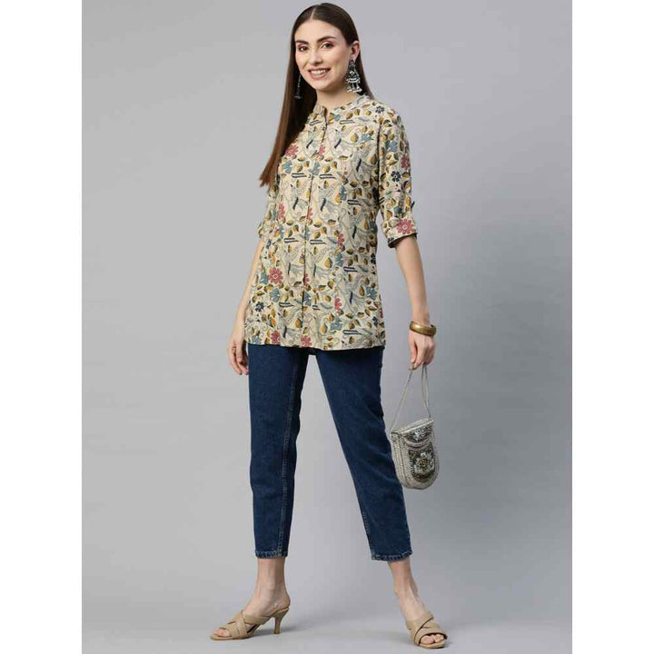 Divena Beige & Multi Floral Rayon A-Line Shirt Style Top