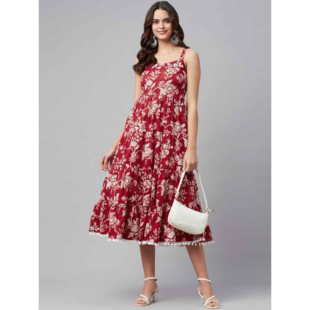 Divena Red Floral Printed Shoulder Strap Long Dress