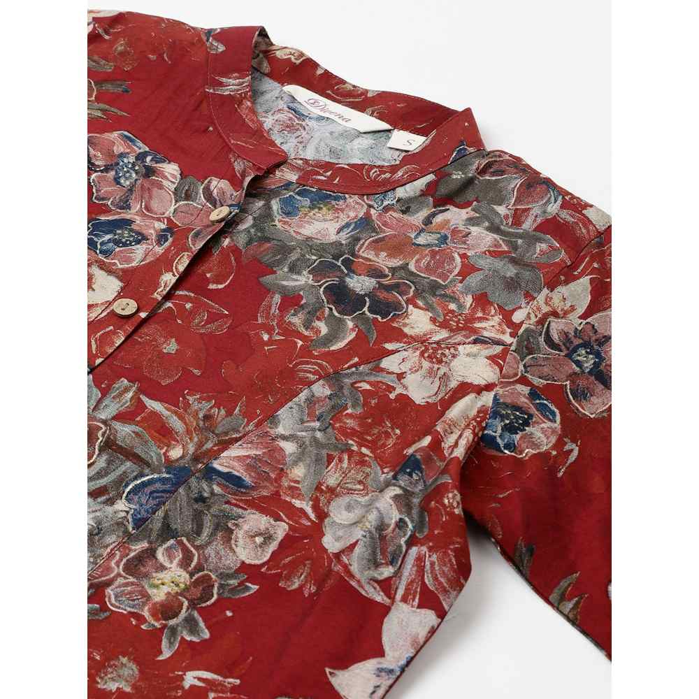 Divena Maroon Floral Printed Modal A-Line Shirts Style Top