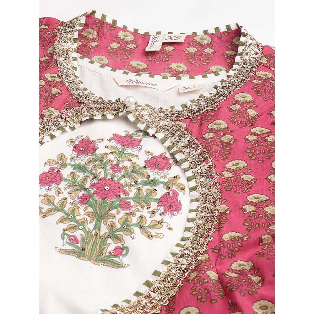 Divena Dark Pink Floral Cotton Anarkali Kurta with Jacket (Set of 2)