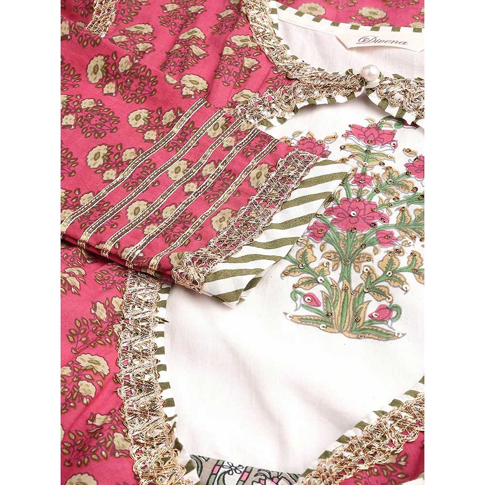 Divena Dark Pink Floral Cotton Anarkali Kurta with Jacket (Set of 2)
