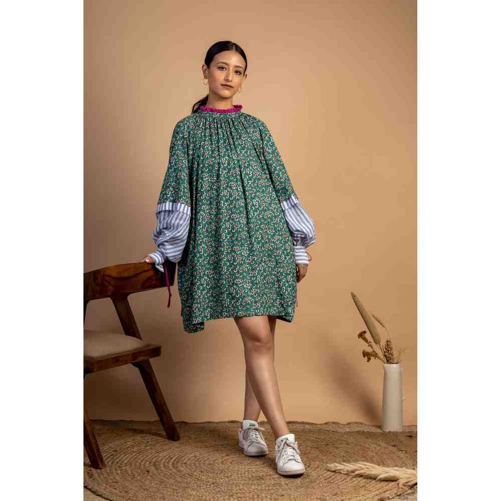 Doodlage Green Floral Upcycled Gathered Dress