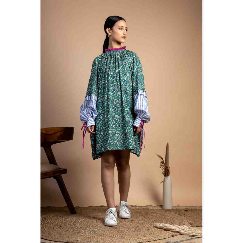 Doodlage Green Floral Upcycled Gathered Dress