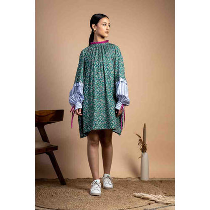 Doodlage Green Floral Upcycled Gathered Dress