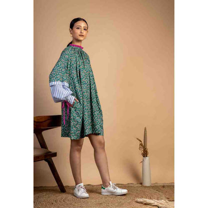 Doodlage Green Floral Upcycled Gathered Dress