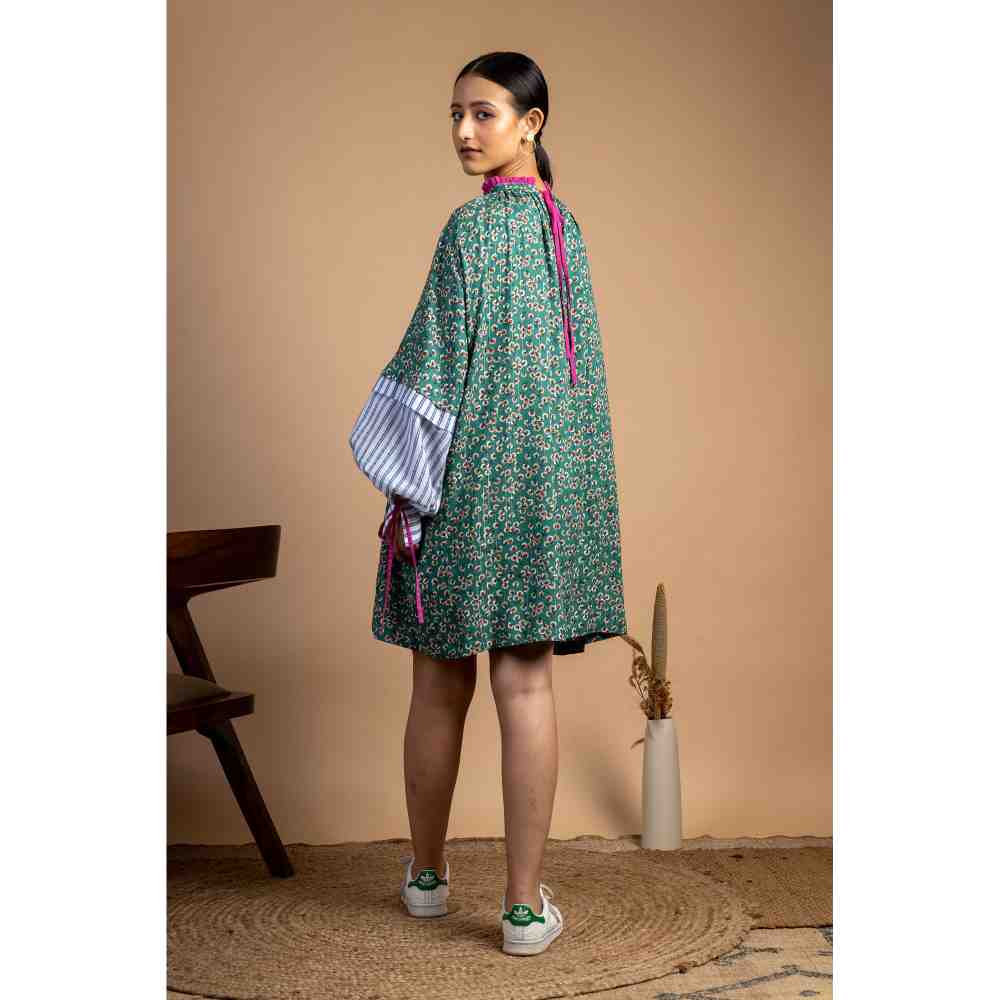 Doodlage Green Floral Upcycled Gathered Dress