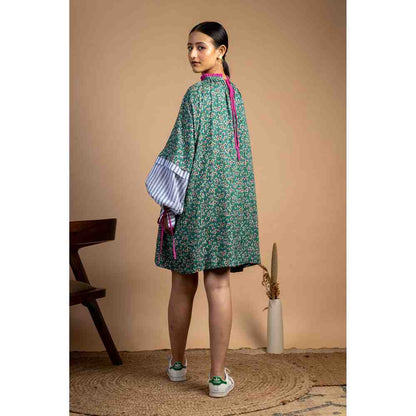 Doodlage Green Floral Upcycled Gathered Dress