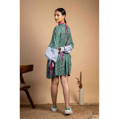 Doodlage Green Floral Upcycled Gathered Dress