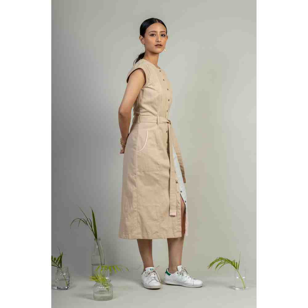 Doodlage Beige Front Open Straight Fit Dress