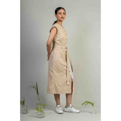 Doodlage Beige Front Open Straight Fit Dress