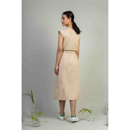 Doodlage Beige Front Open Straight Fit Dress
