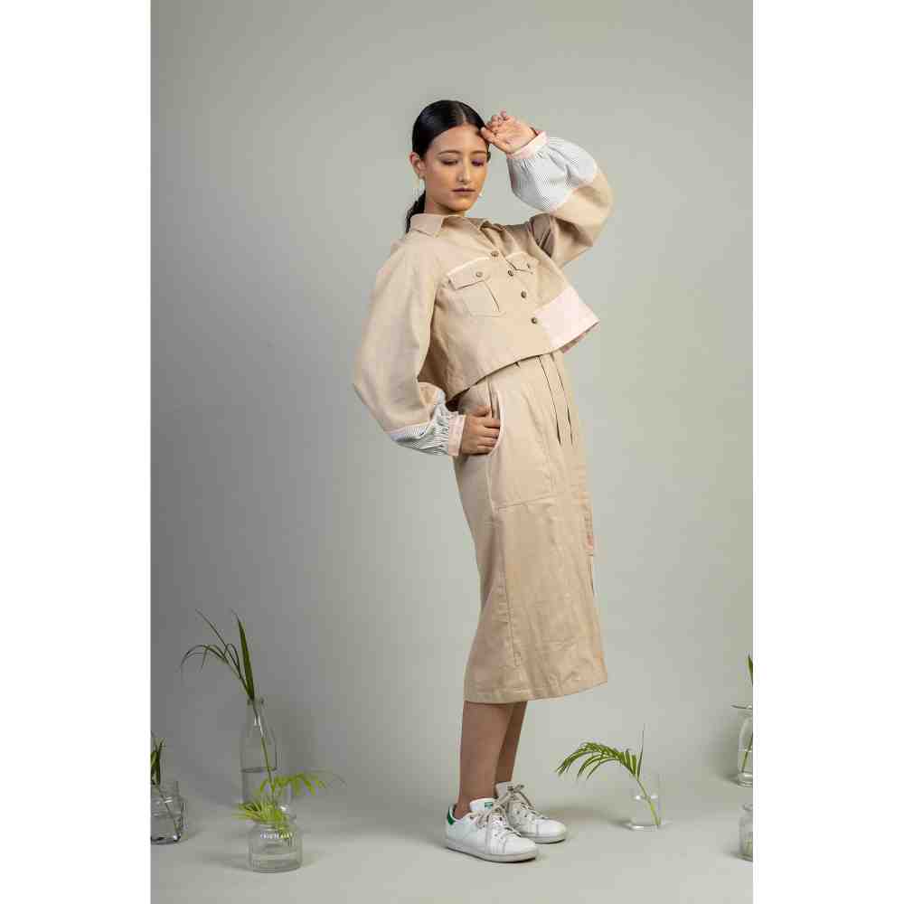 Doodlage Doodlafe Beige Straight Dress And Crop Jacket Set (Set of 2)