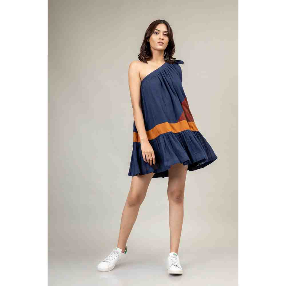 Doodlage Blue One Shoulder Panelled Dress