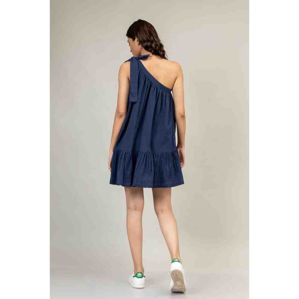 Doodlage Blue One Shoulder Panelled Dress