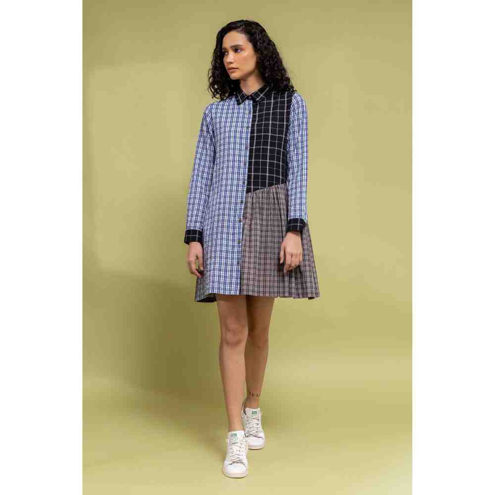 Doodlage Multicolor Checkered Panelled Button Down Dress