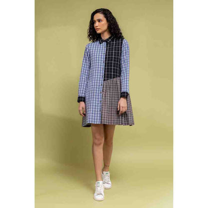 Doodlage Multicolor Checkered Panelled Button Down Dress