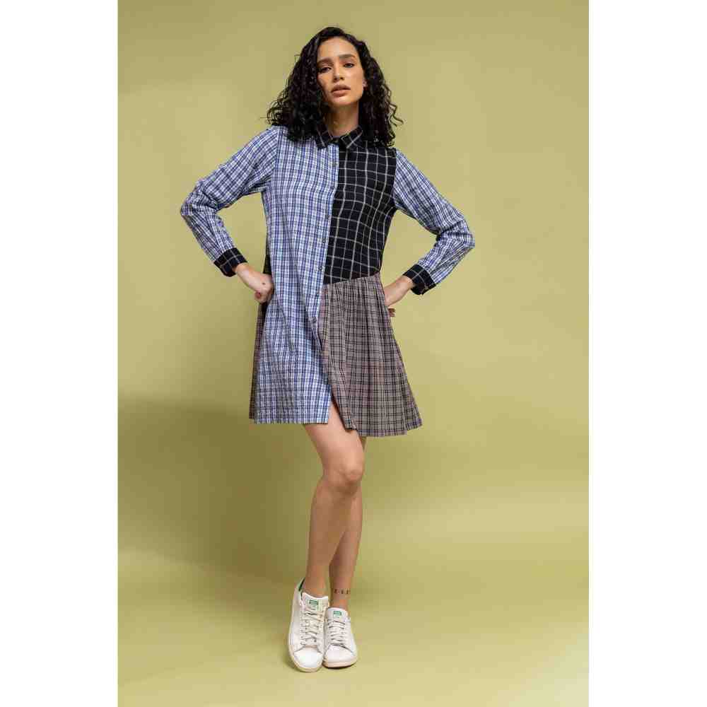 Doodlage Multicolor Checkered Panelled Button Down Dress