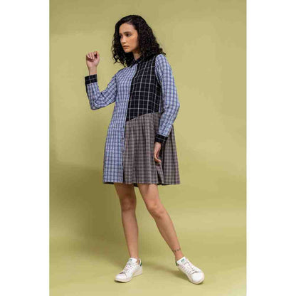 Doodlage Multicolor Checkered Panelled Button Down Dress