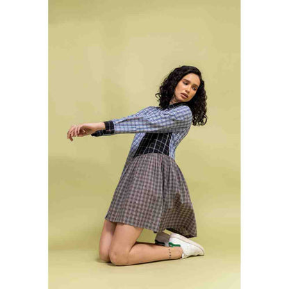 Doodlage Multicolor Checkered Panelled Button Down Dress
