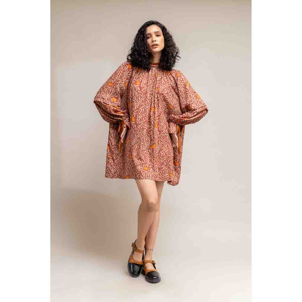 Doodlage Rust Printed Puff Sleeve Dress