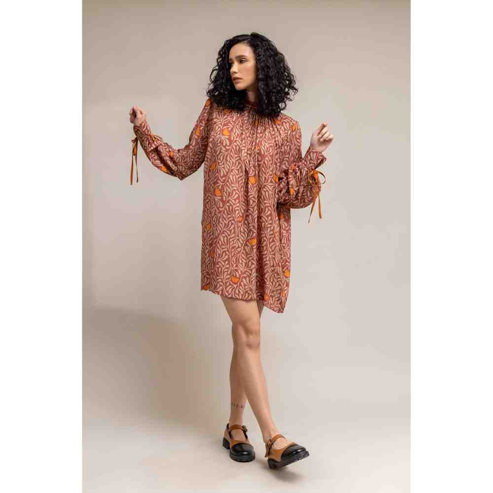 Doodlage Rust Printed Puff Sleeve Dress