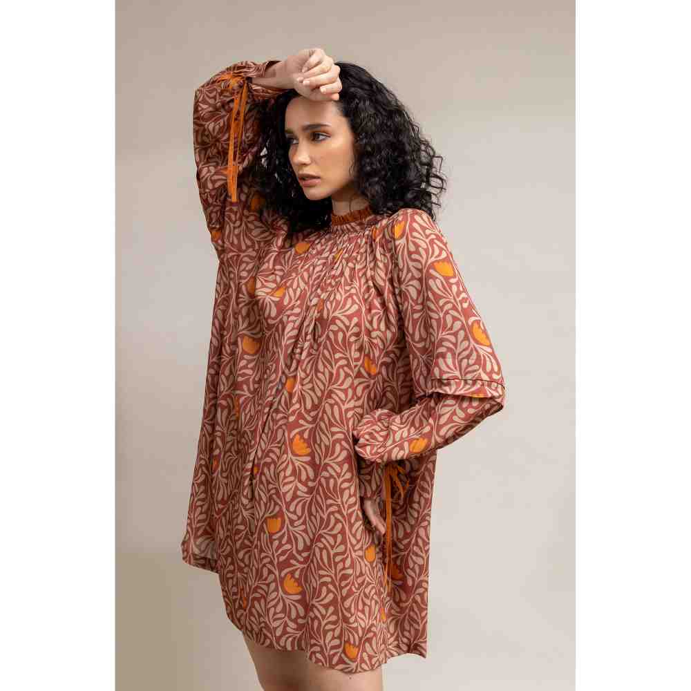 Doodlage Rust Printed Puff Sleeve Dress