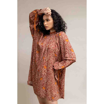 Doodlage Rust Printed Puff Sleeve Dress