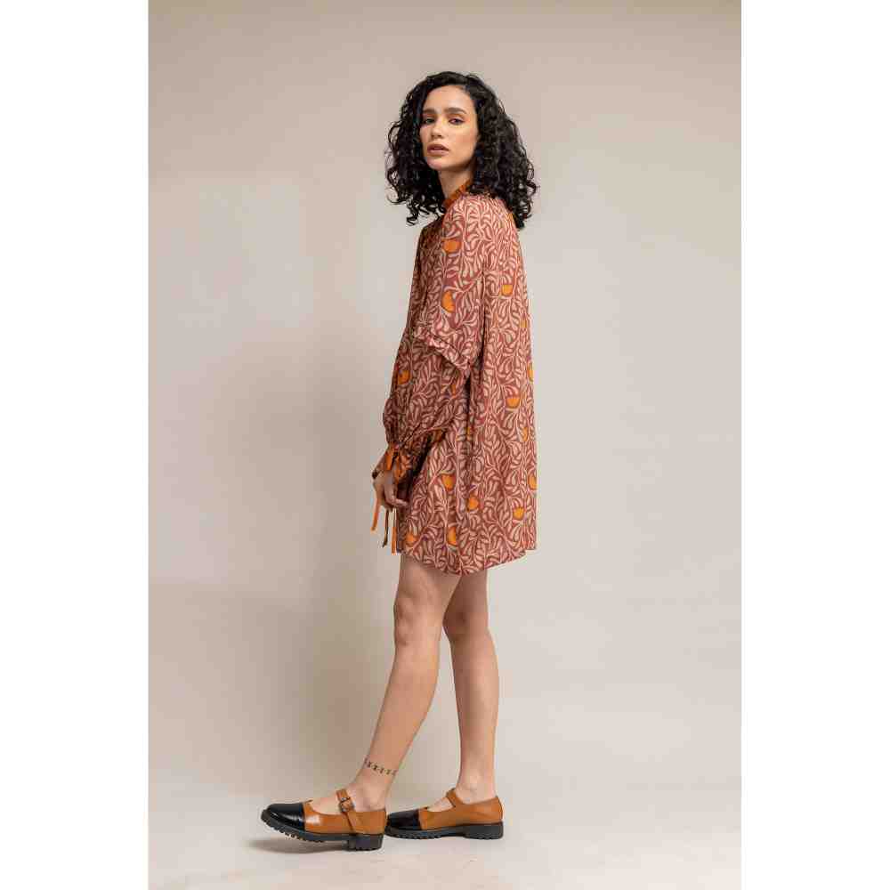 Doodlage Rust Printed Puff Sleeve Dress