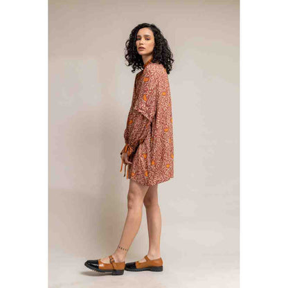 Doodlage Rust Printed Puff Sleeve Dress