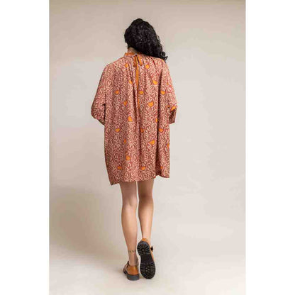 Doodlage Rust Printed Puff Sleeve Dress
