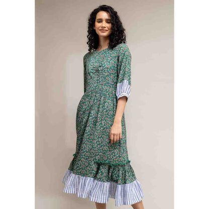 Doodlage Green Floral Printed Gathered Dress