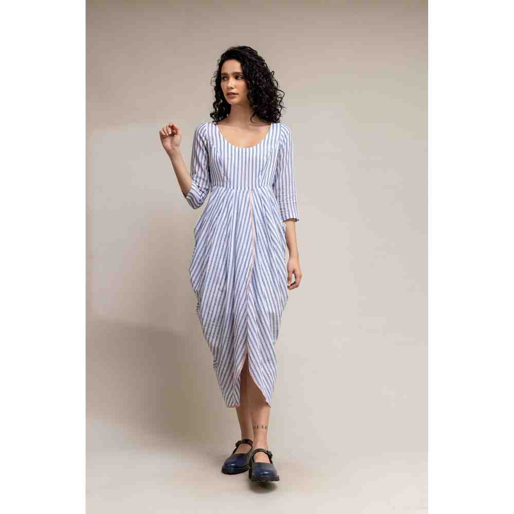 Doodlage White And Blue Striped Drapey Dress