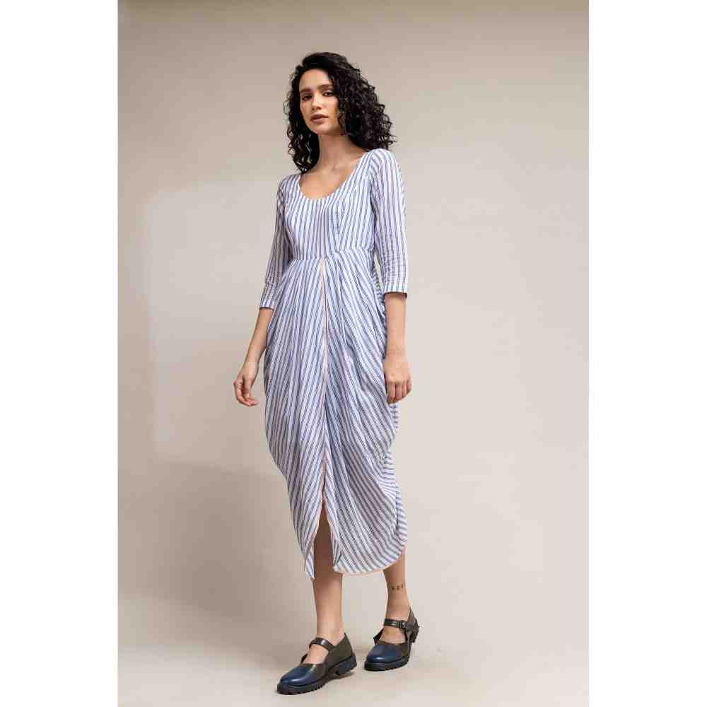 Doodlage White And Blue Striped Drapey Dress