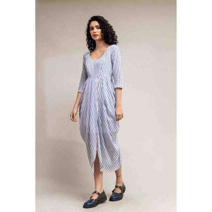 Doodlage White And Blue Striped Drapey Dress