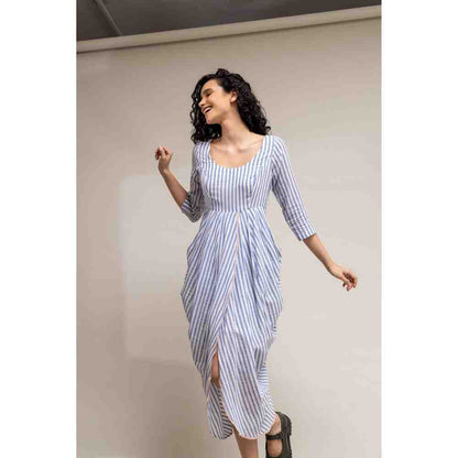 Doodlage White And Blue Striped Drapey Dress