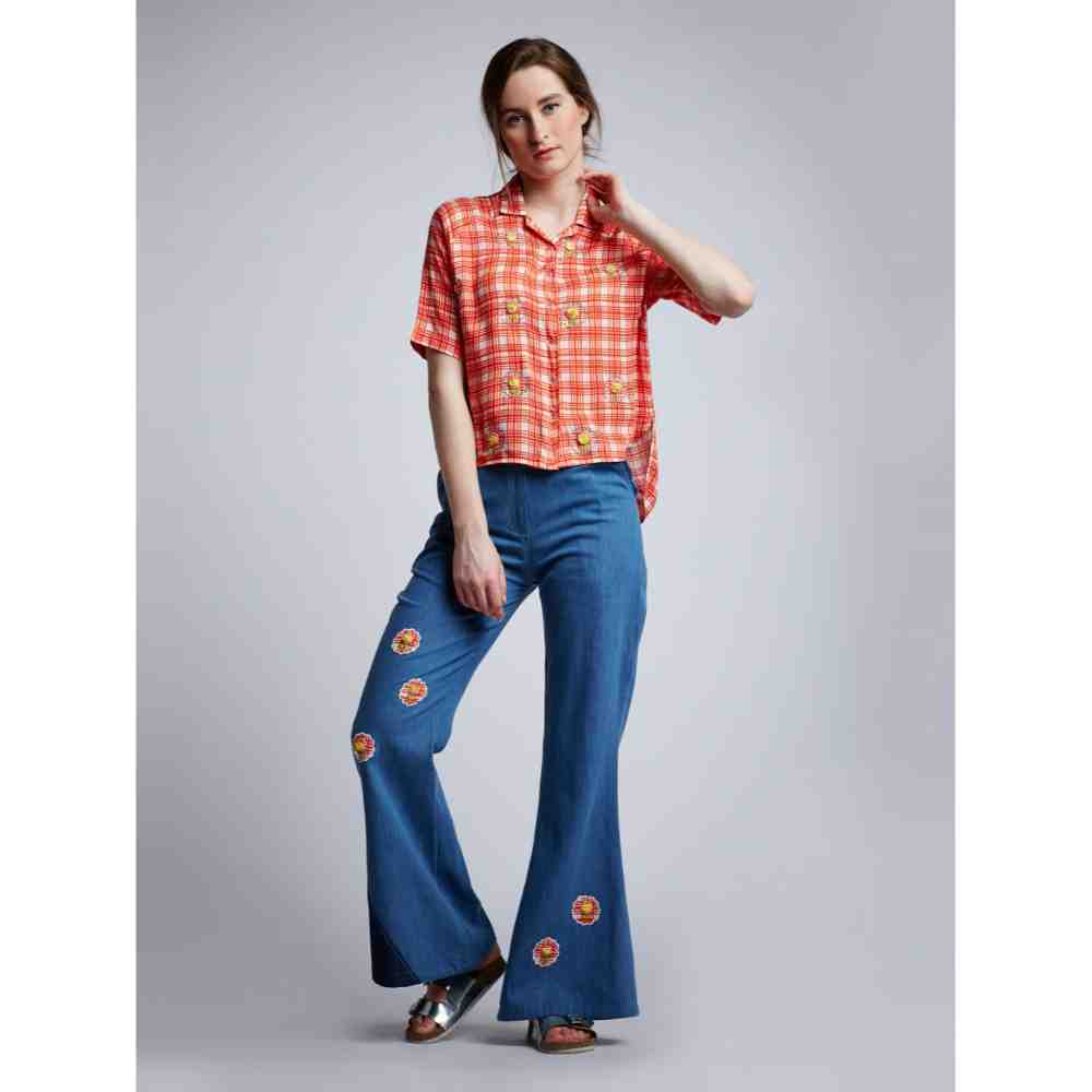 Doodlage Blue Apllique Flared Pants