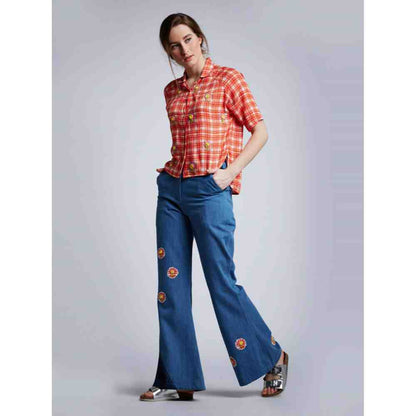 Doodlage Blue Apllique Flared Pants
