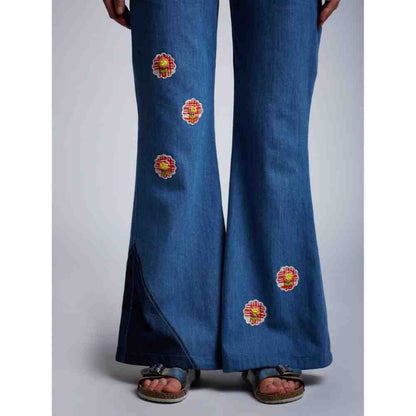 Doodlage Blue Apllique Flared Pants