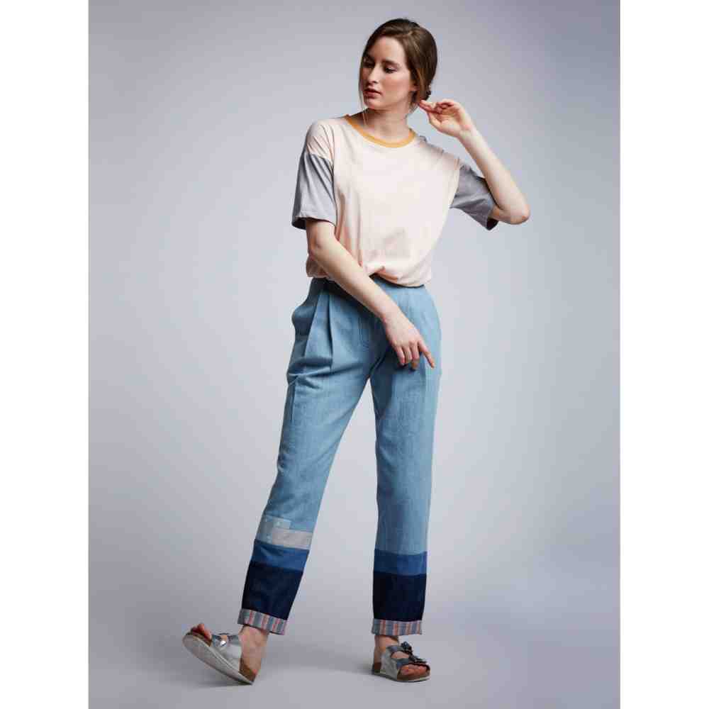 Doodlage Blue Slogan Denim Pleated Pants