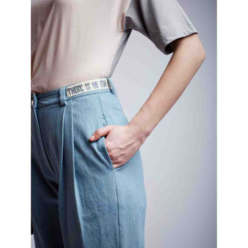 Doodlage Blue Slogan Denim Pleated Pants
