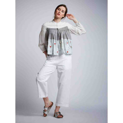 Doodlage Panelled Pleated Top With Floral Embroidery With White Linen Pants (Set of 2)