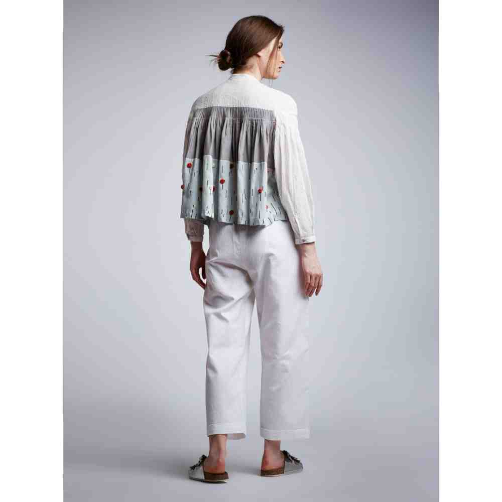 Doodlage Panelled Pleated Top With Floral Embroidery With White Linen Pants (Set of 2)