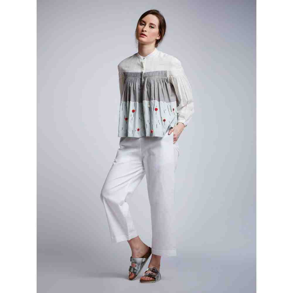 Doodlage Panelled Pleated Top With Floral Embroidery With White Linen Pants (Set of 2)