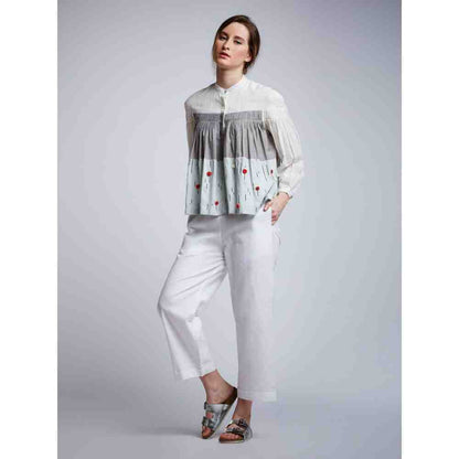 Doodlage Panelled Pleated Top With Floral Embroidery With White Linen Pants (Set of 2)