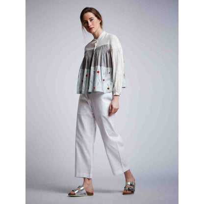 Doodlage Panelled Pleated Top With Floral Embroidery With White Linen Pants (Set of 2)