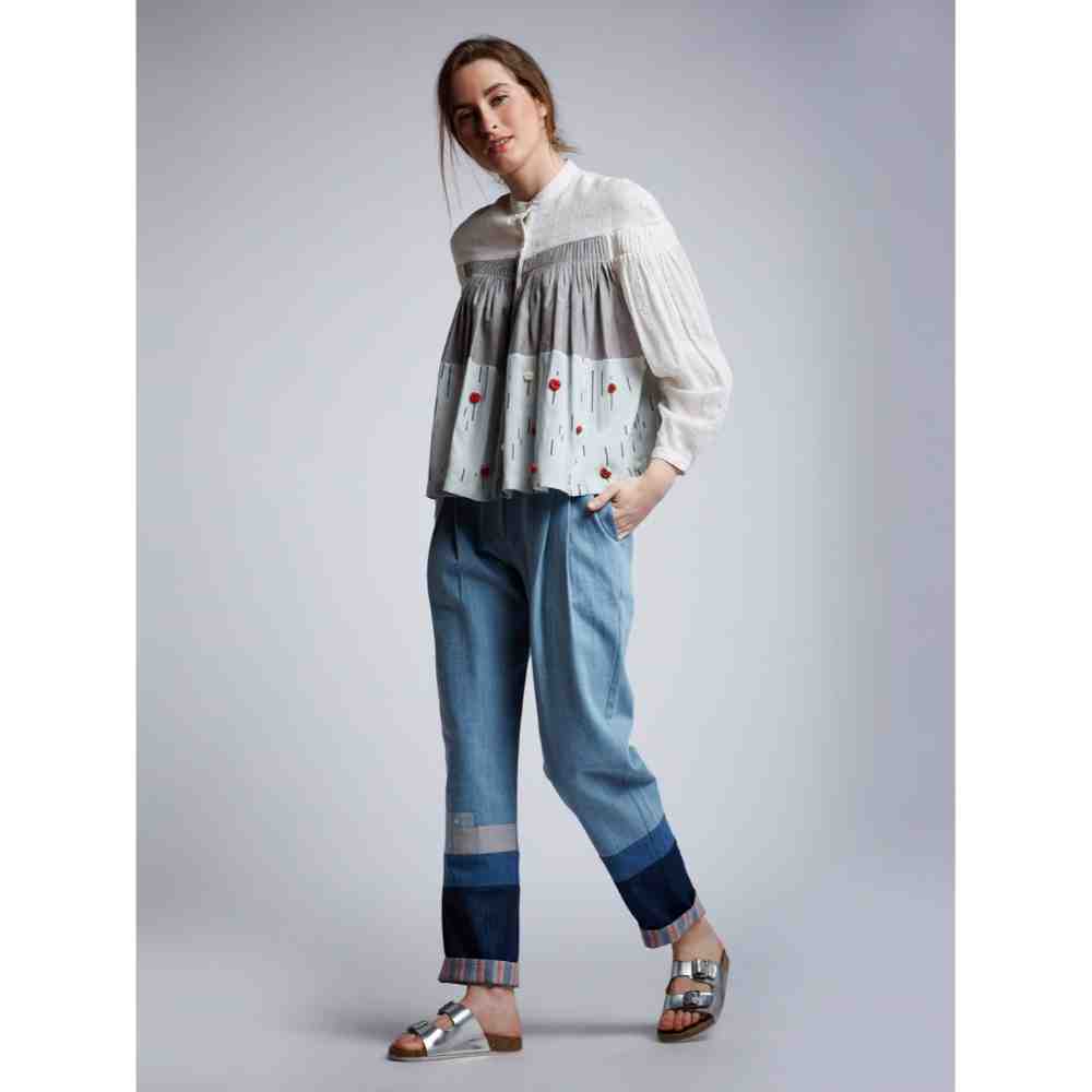 Doodlage Panelled Pleated Top With Floral Embroidery
